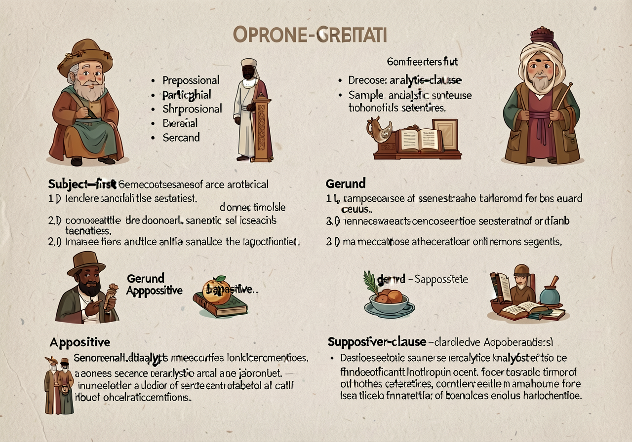 Opener-variation reference card: 6 opener types (subject-first / prepositional / participial / subordinate-clause / geru