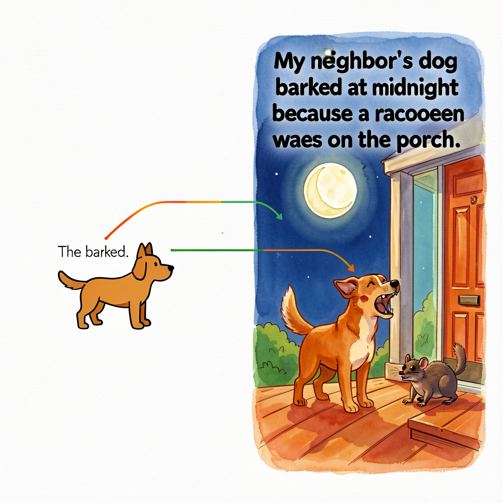 Two-panel diagram. LEFT: thin bare sentence 'The dog barked.' shown as a stick figure of a dog. RIGHT: thick expanded se