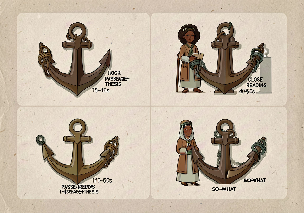 MG-25 anchor: 4-section script with hook (10-15s) / passage+thesis (15-20s) / close-reading (40-50s) / so-what (10-15s).