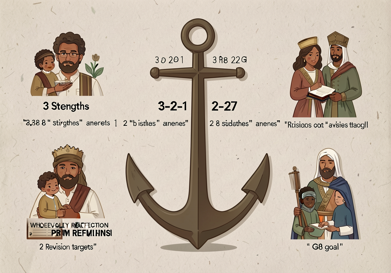 MG-27 anchor: 3-2-1 reflection — 3 strengths (with quoted lines), 2 revision targets, 1 G8 goal. Print-ready 8.5x11.