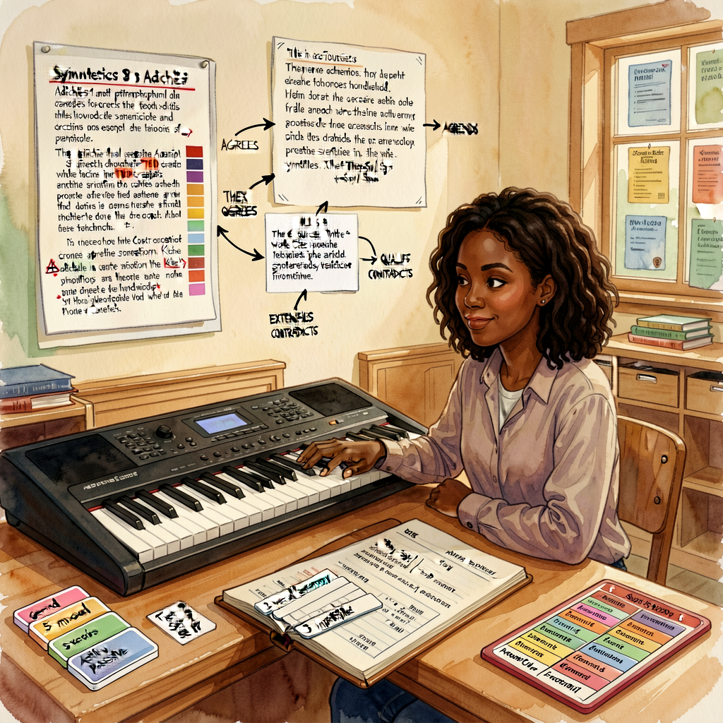 Unit-opener: a Grade-8 synthesizer at a workspace surrounded by THREE sources (Adichie's TED transcript with marginal an