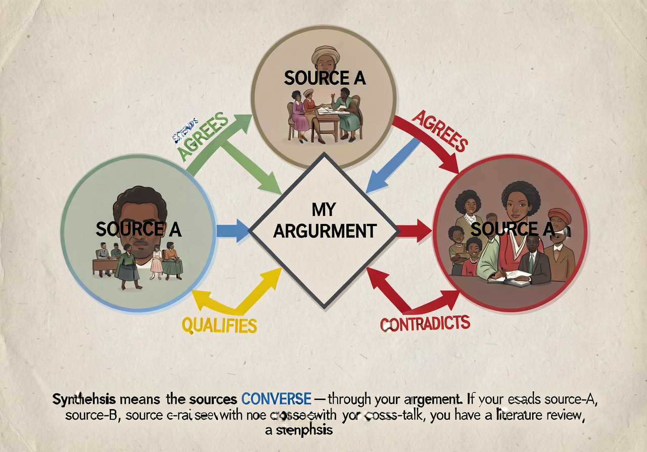 Synthesis-conversation map anchor: 3-source web template. Three circles labeled SOURCE A, SOURCE B, SOURCE C; arrows bet