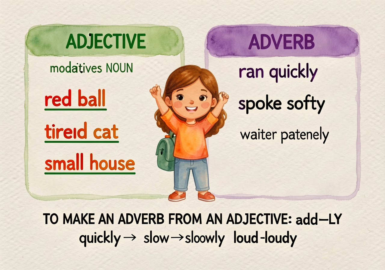 Two-column chart: left column GREEN labeled ADJECTIVE (modifies NOUN), examples 'red ball / tired cat / small house' wit