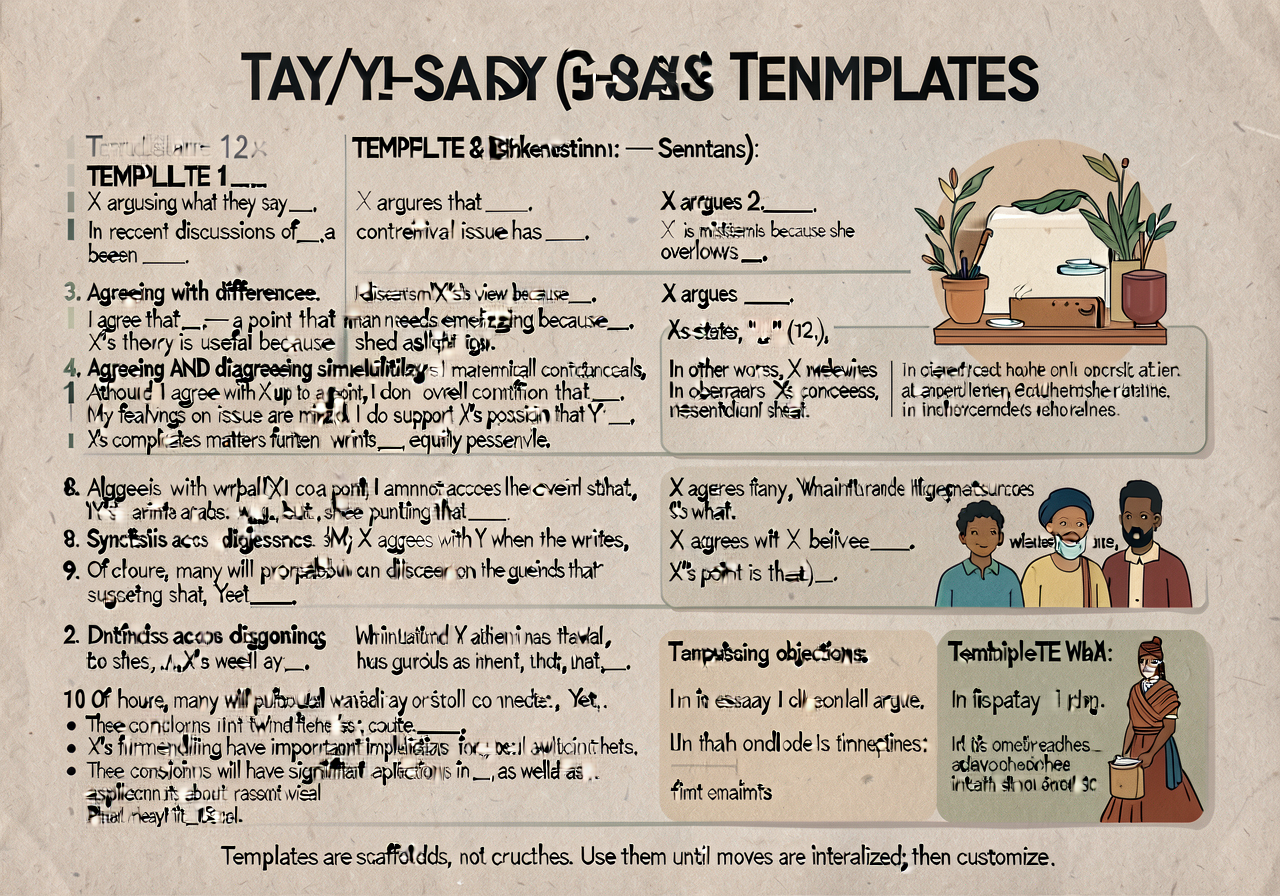 They-Say/I-Say templates anchor (Graff & Birkenstein): 12-template card with sentence frames. TEMPLATE 1 — Introducing w