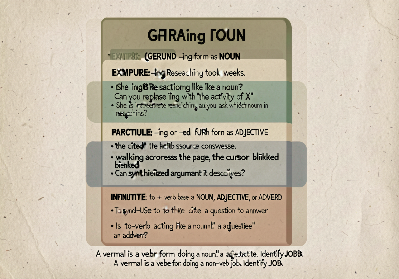 Verbal taxonomy anchor (CCSS L.8.1.a): 3-band stacked card. GERUND (-ing form as NOUN). STRUCTURE: -ing verb form functi