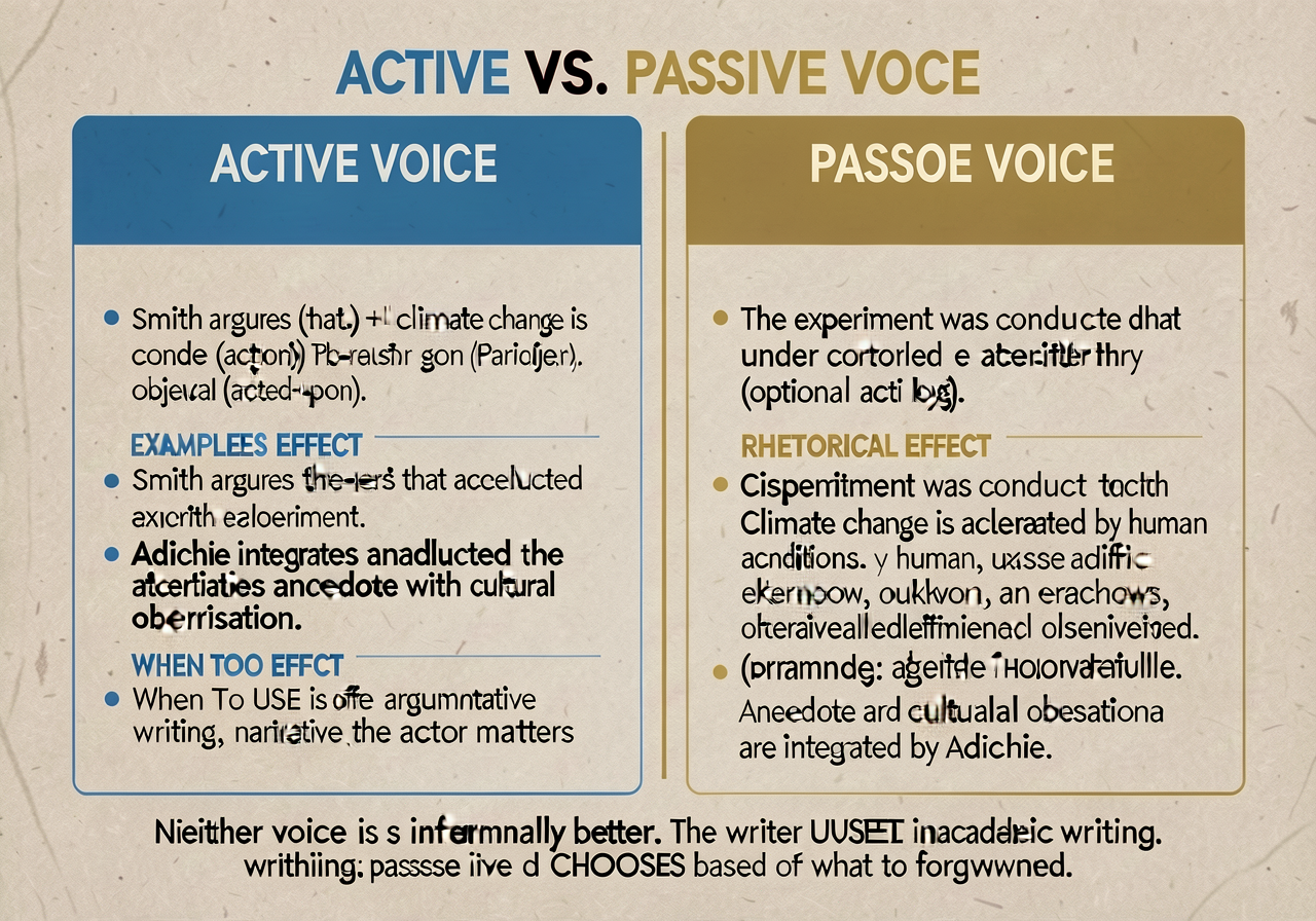 Active vs. passive voice anchor (CCSS L.8.1.b, L.8.3.a): 2-column card with structural visualization and rhetorical-effe