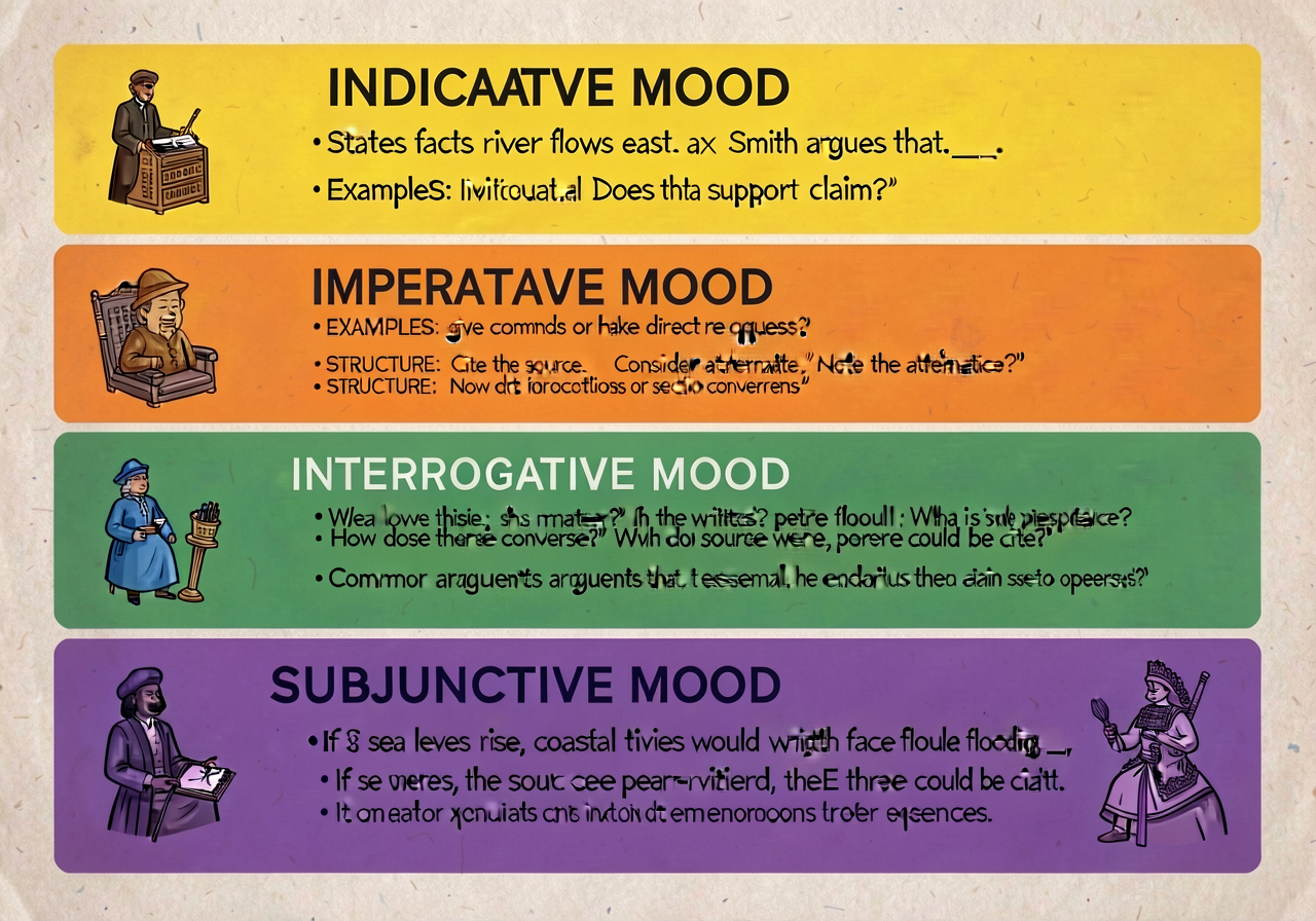 Five verb moods anchor (CCSS L.8.1.c): 5-band stacked card. INDICATIVE MOOD (yellow): states facts or asks ordinary ques