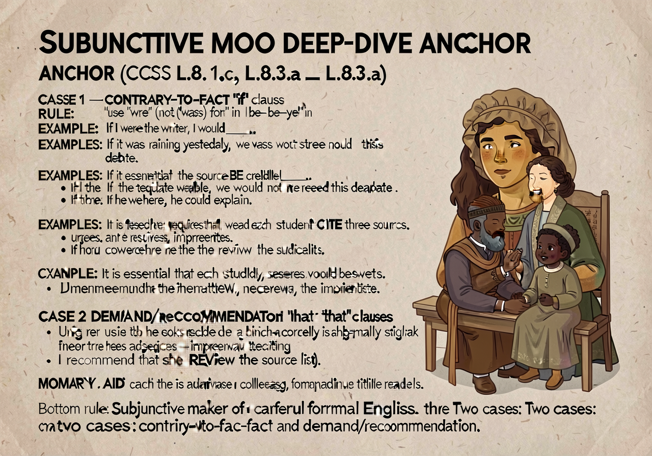 Subjunctive mood deep-dive anchor (CCSS L.8.1.c, L.8.3.a): 1-page reference focused on the two trickiest subjunctive cas