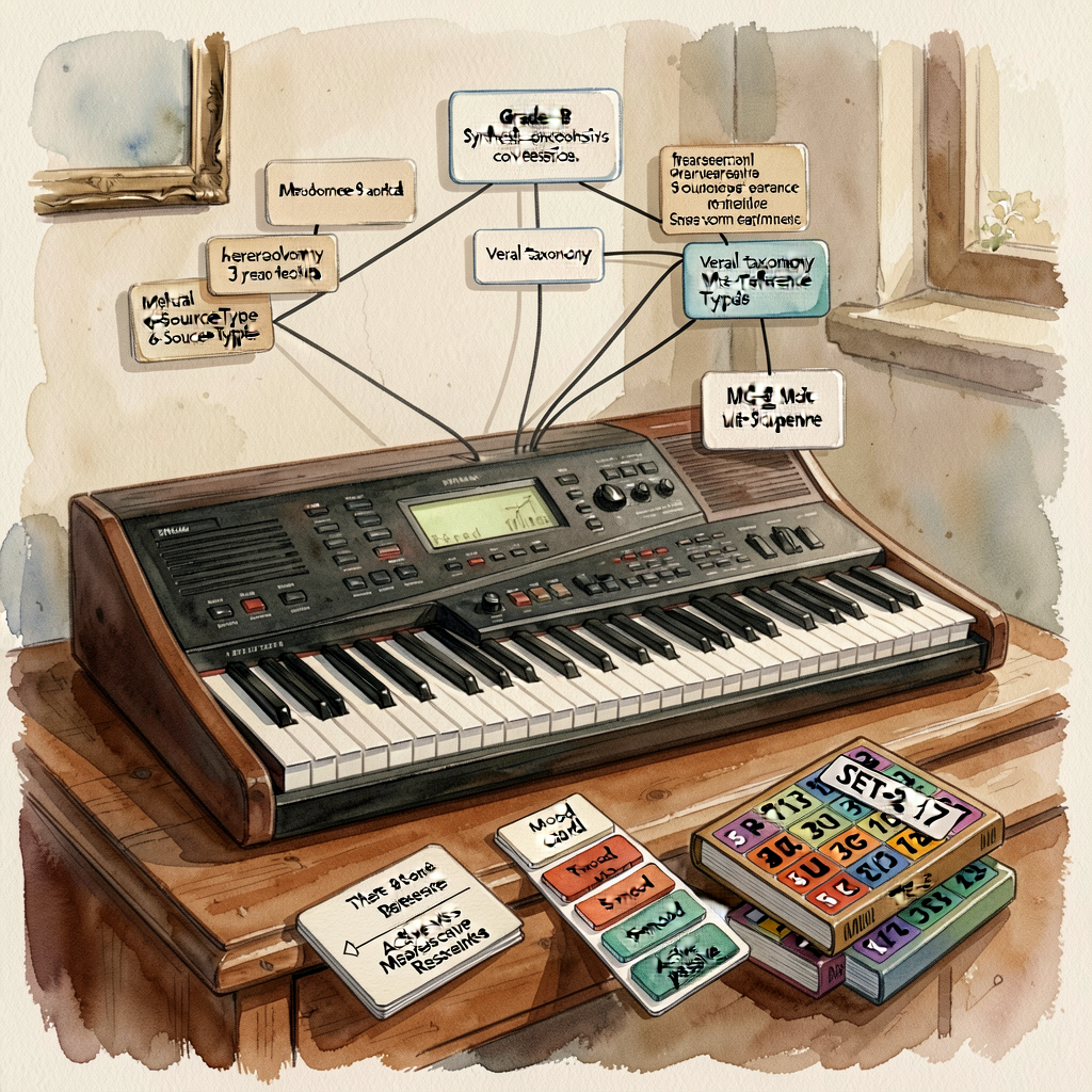MG-1 unit-opener: Grade-8 synthesizer at desk with 3 sources connected by synthesis-conversation map, verbal-taxonomy 3-