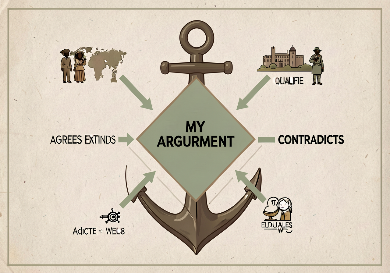 MG-2 anchor: 3-source web template with arrows AGREES/EXTENDS/QUALIFIES/CONTRADICTS and central diamond MY ARGUMENT. Wor