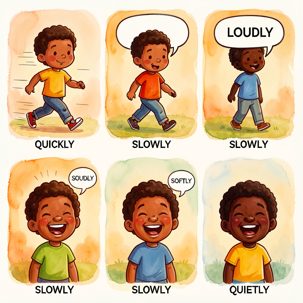 Six-panel cartoon strip: panel 1 — child walked QUICKLY (motion lines); panel 2 — child walked SLOWLY (drooping figure);