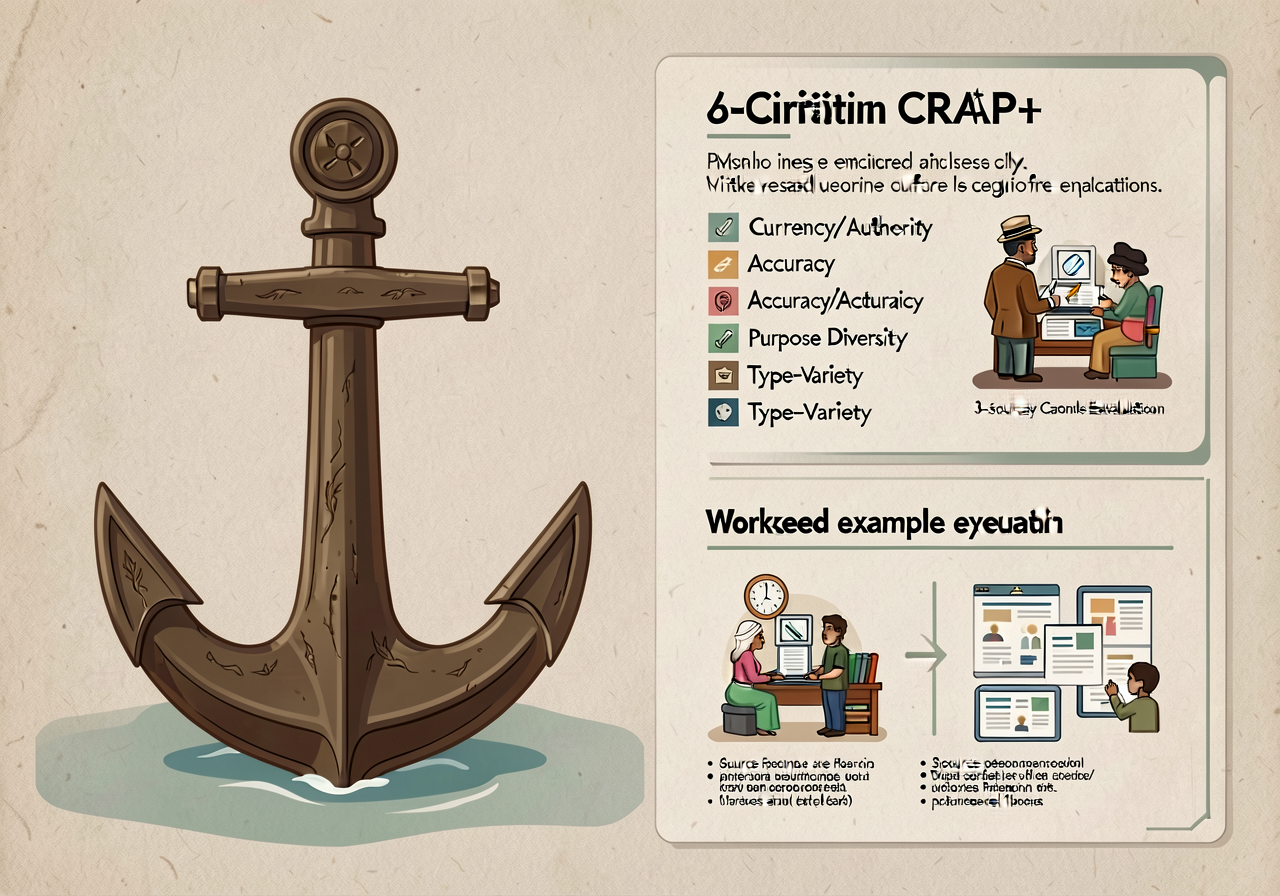 MG-11 anchor: 6-criterion CRAAP+ card with currency/authority/accuracy/purpose/diversity/type-variety. Worked example on