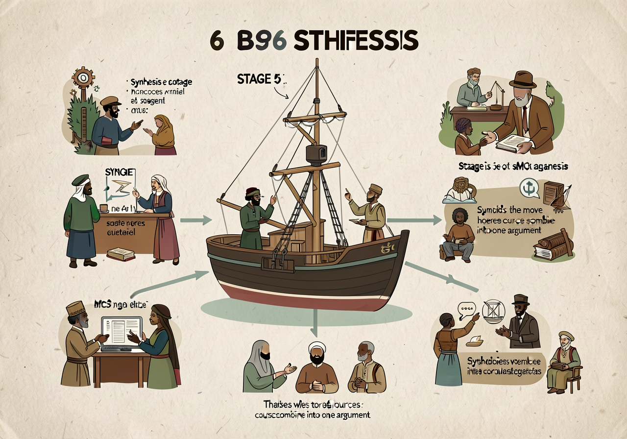MG-12 anchor: 6 Big6 stages with stage 5 SYNTHESIS highlighted. Shows synthesis as the move where sources combine into o