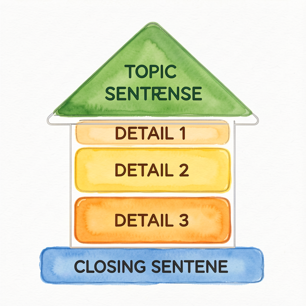 Pencil-traceable house outline: triangular roof labeled TOPIC SENTENCE (green); three stacked rectangle 'walls' labeled 