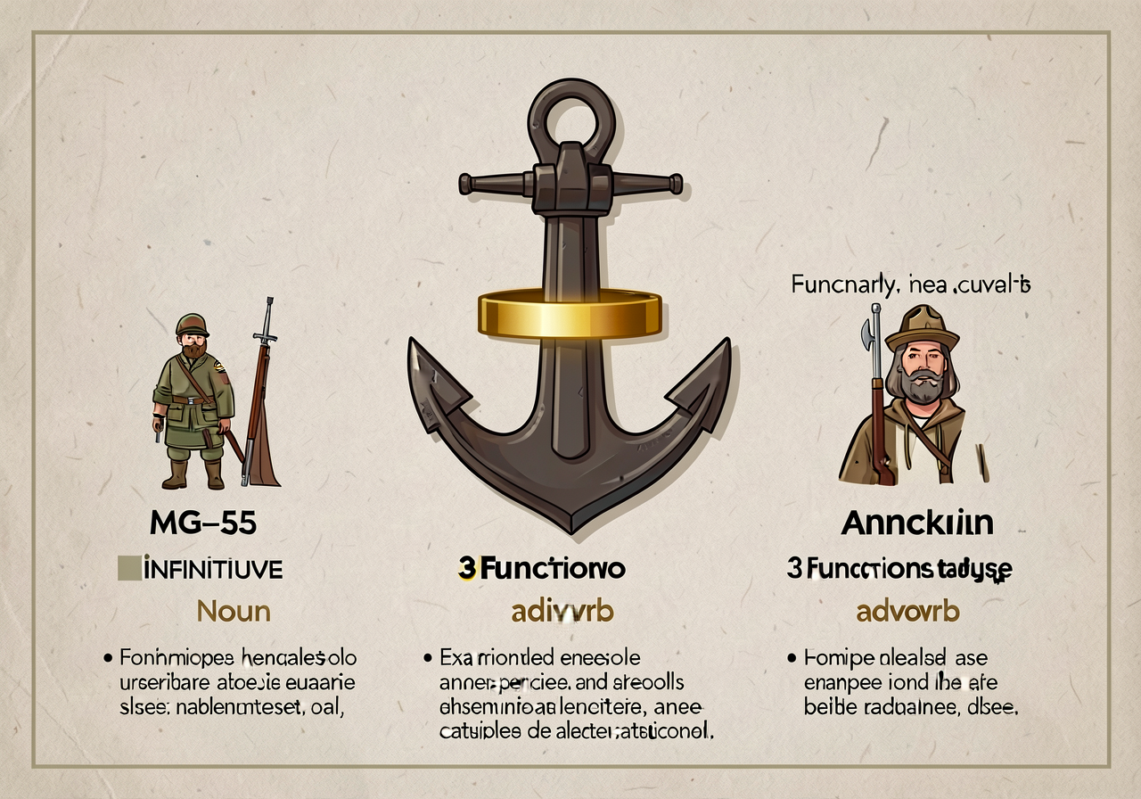 MG-5 anchor with infinitive band highlighted in gold; 3 function-uses (noun / adjective / adverb) with example per use. 