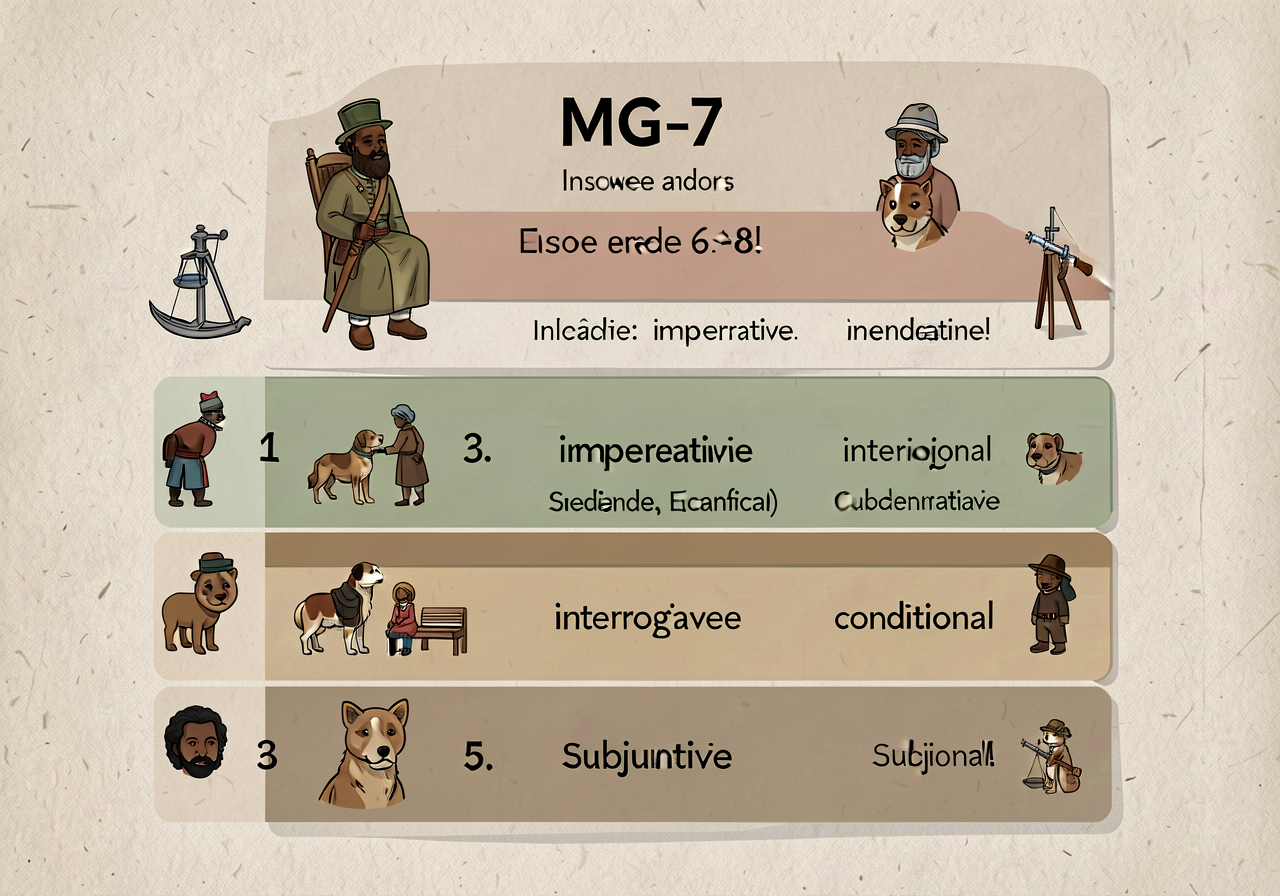 MG-7 anchor: 5-band card (indicative/imperative/interrogative/conditional/subjunctive) with examples per band. Print-rea