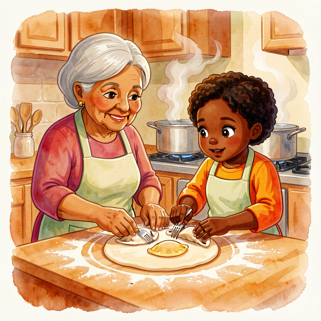 Watercolor illustration of a grandmother and granddaughter at a flour-dusted kitchen counter, dough circles laid out, a 