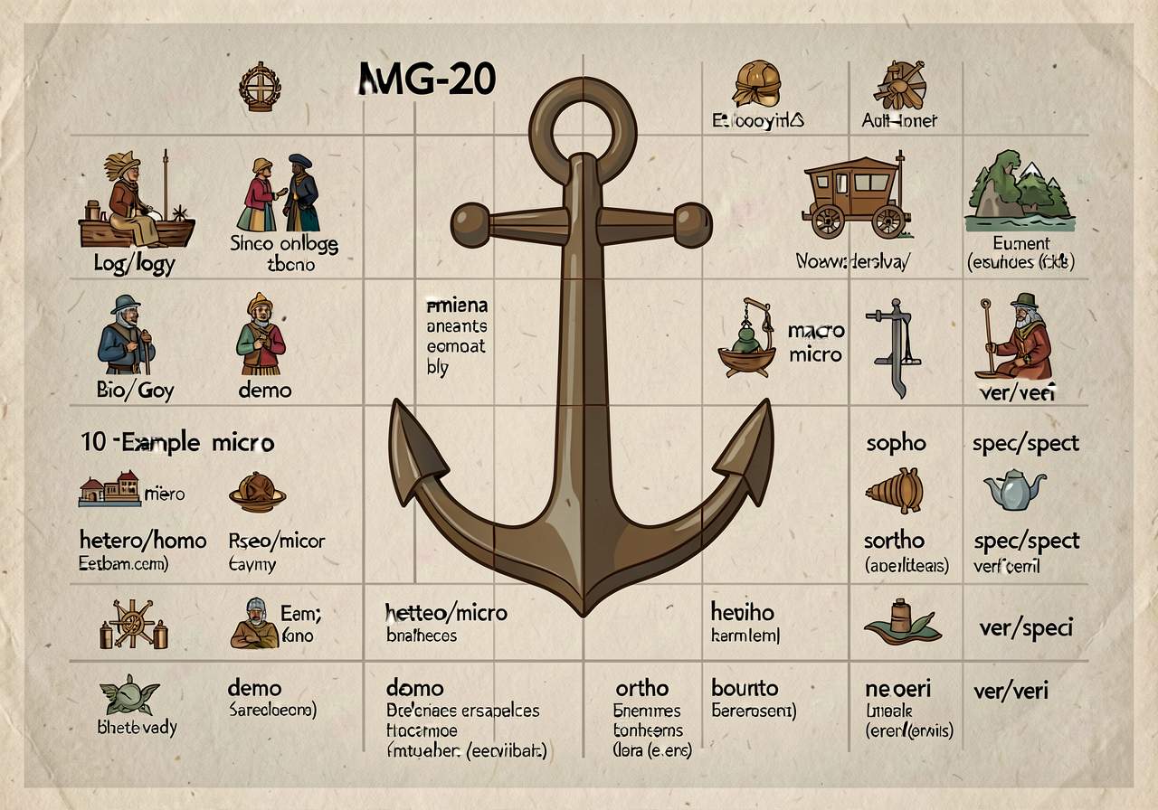 MG-20 anchor: 10-root grid (log/logy, bio, geo, demo, hetero/homo, macro/micro, ortho, soph, spec/spect, ver/veri) with 