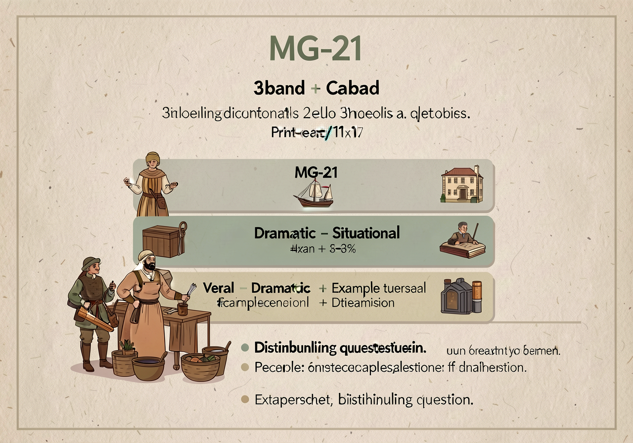 MG-21 anchor: 3-band card (verbal/dramatic/situational) with definition + example per type + distinguishing question. Pr