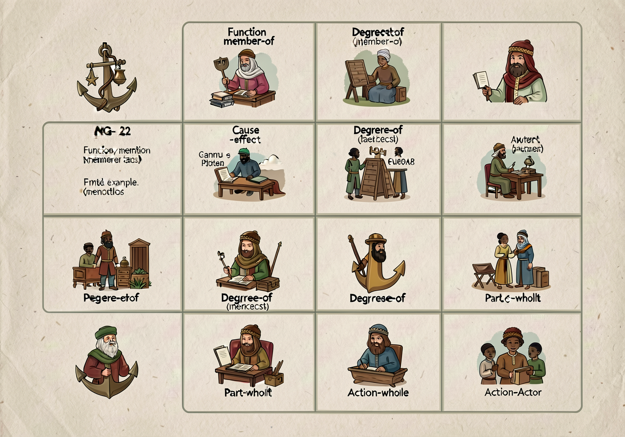 MG-22 anchor: 6-quadrant grid (function/member-of/cause-effect/degree-of/part-whole/action-actor) with worked example pe