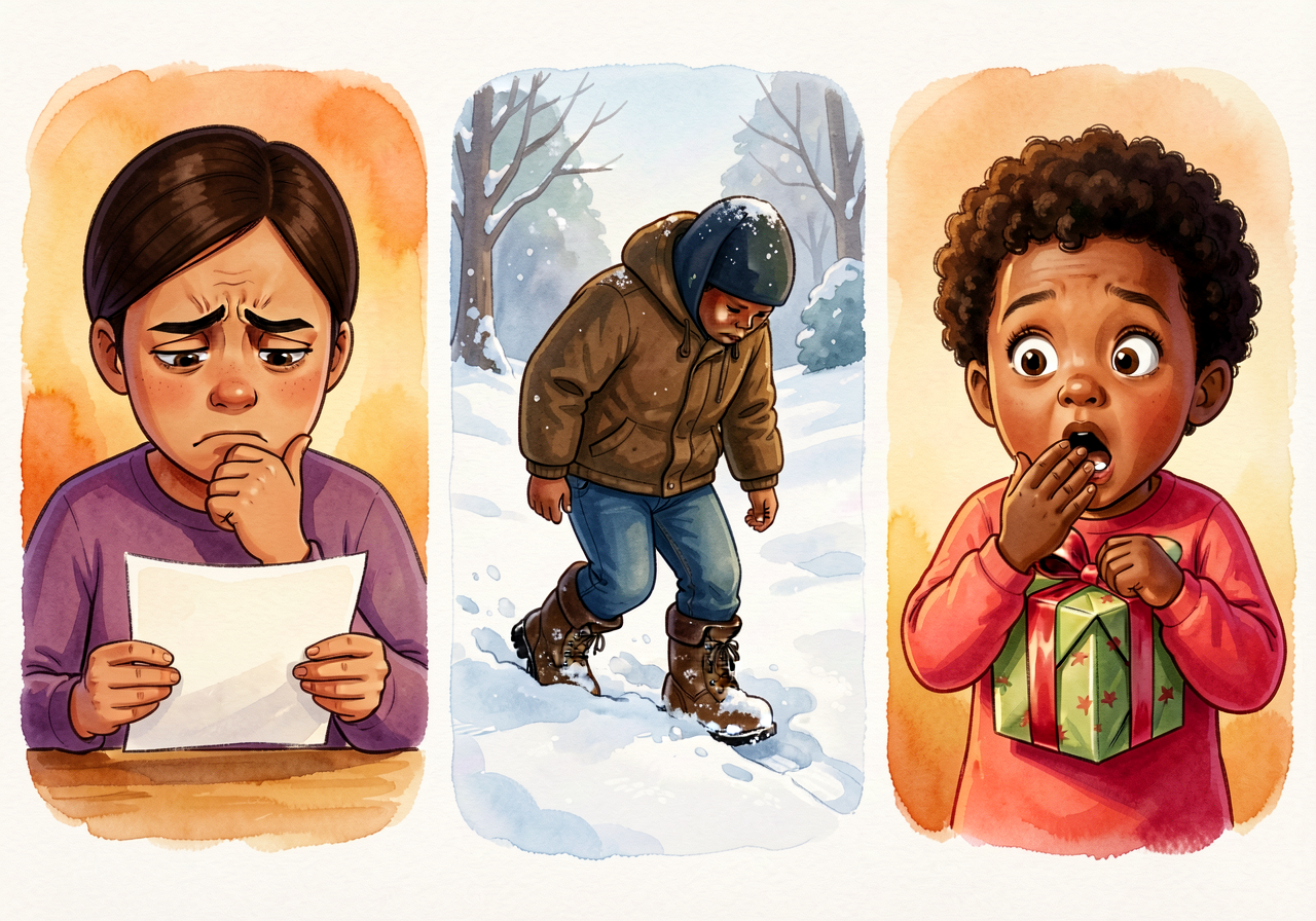 Triptych photograph: panel 1 — adult frowning at a paper, eyebrows pulled together, hand on chin (frowned); panel 2 — fi