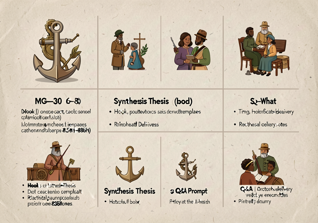 MG-30 anchor: 5-section script template (hook / context+thesis / synthesis body / so-what / Q&A prompt) with timing per 