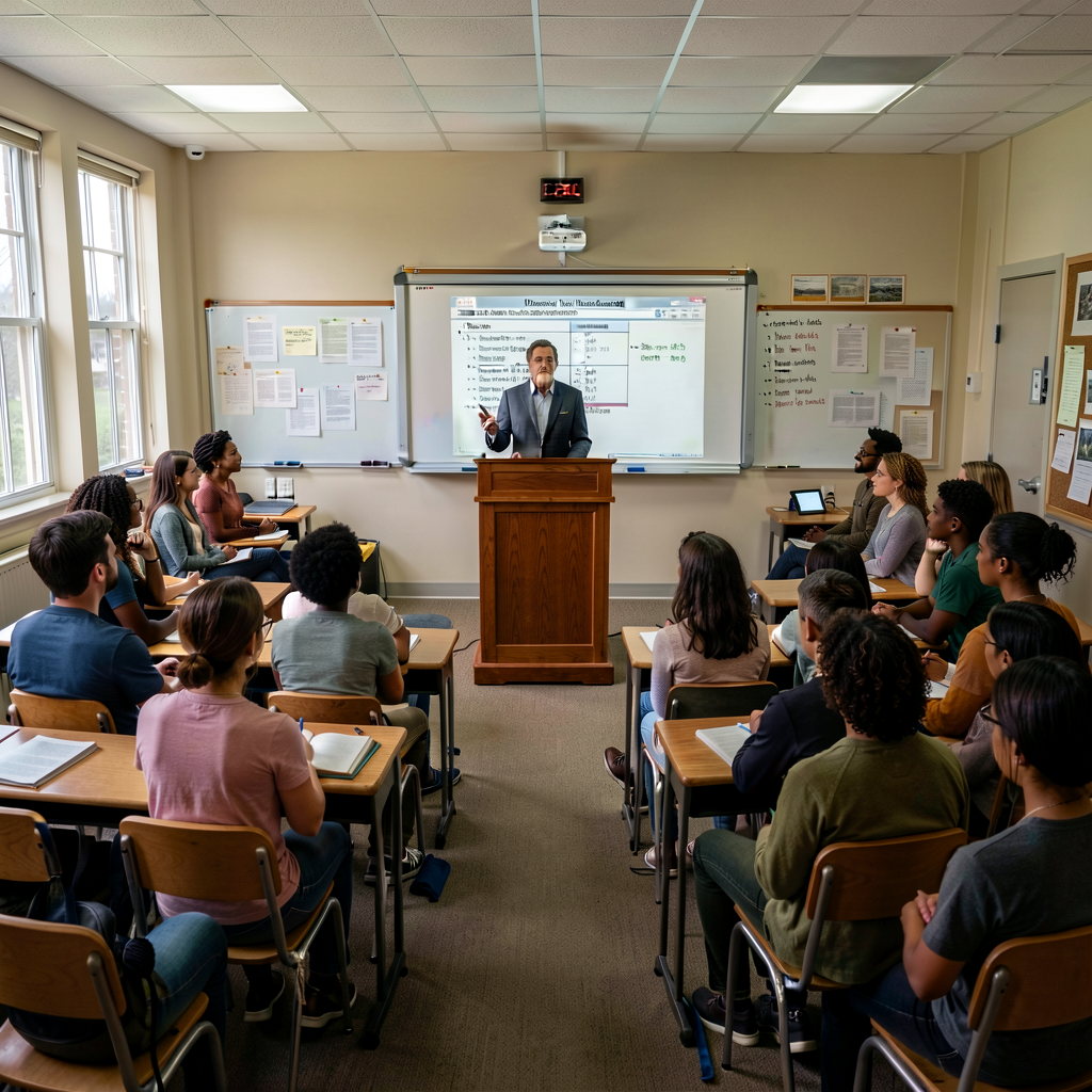 Photo of classroom configured as Symposium: presenter podium at front with visual-aid mounting, audience seated in semi-