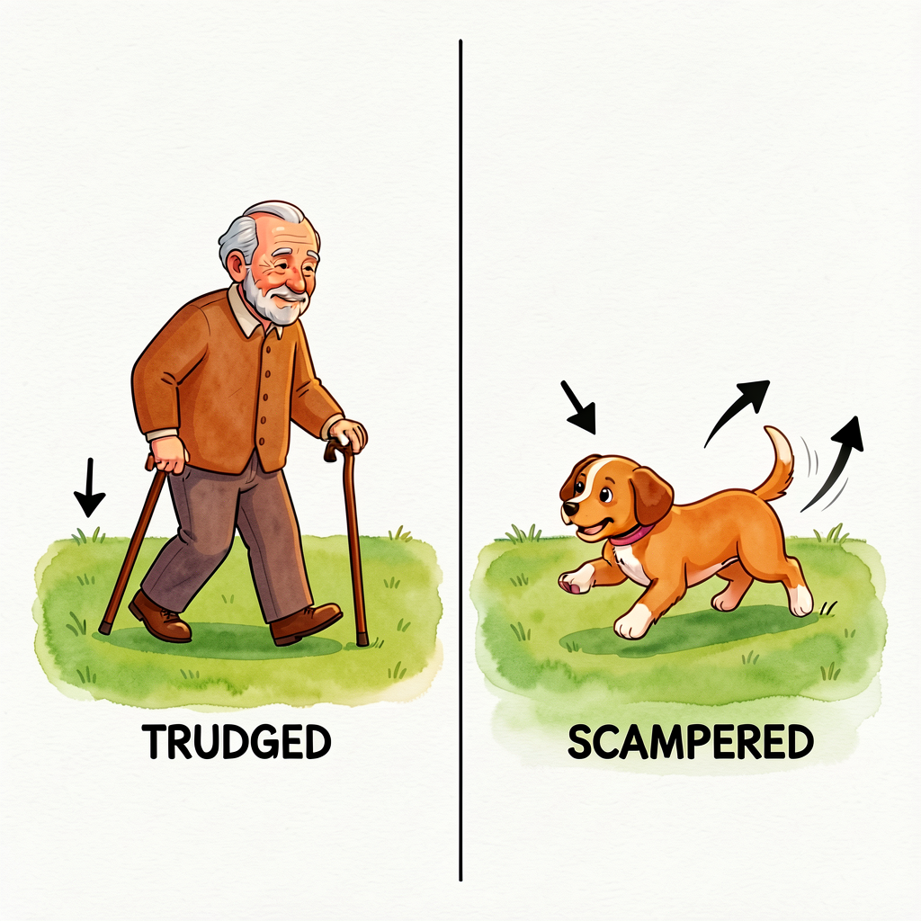 Two-character split illustration of the same yard. Left side: an old man with a cane TRUDGES across the grass (slow moti