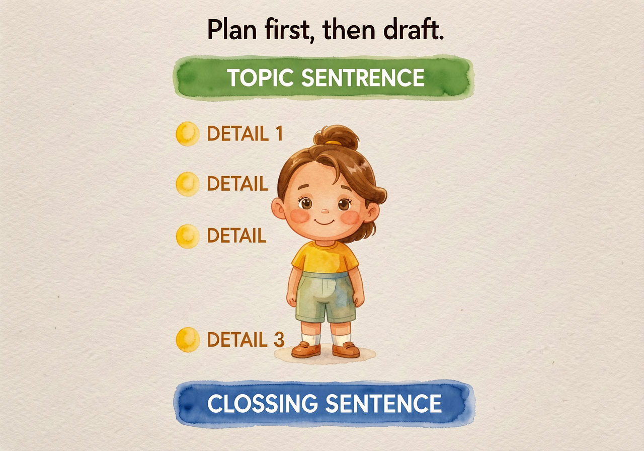 Single Paragraph Outline template, 8.5x11 portrait. Five labeled sections top to bottom: TOPIC SENTENCE (green bar, 3 wr