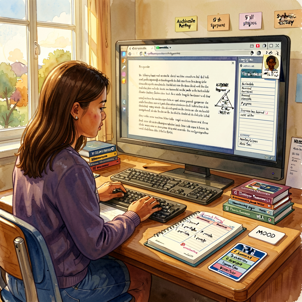 Unit-opener: a Grade-8 capstone writer at her workspace surrounded by K-8 portfolio binder (G5 multi-paragraph essay tab