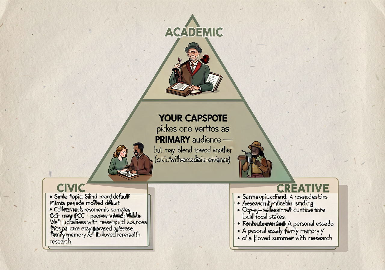 Audience-register triangle anchor: 3-vertex triangle with ACADEMIC (top), CIVIC (lower left), CREATIVE (lower right). Ea