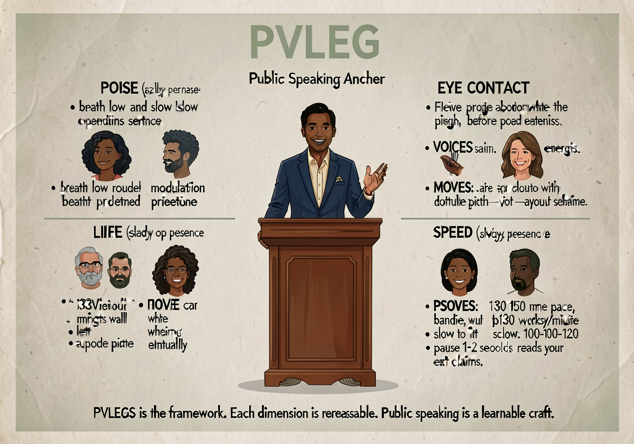 PVLEGS public-speaking anchor (Palmer): 6-band card with each dimension. POISE (calm body presence). MOVES: feet rooted;
