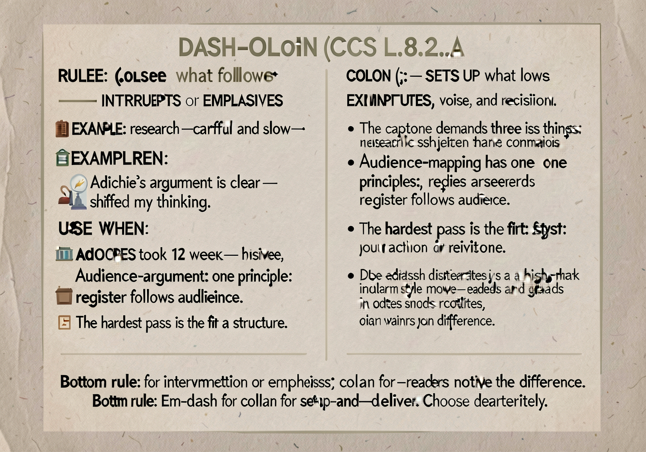 Dash-colon distinction anchor (CCSS L.8.2.a deeper): 2-column card with rule-of-use, examples, and high-mark style expla