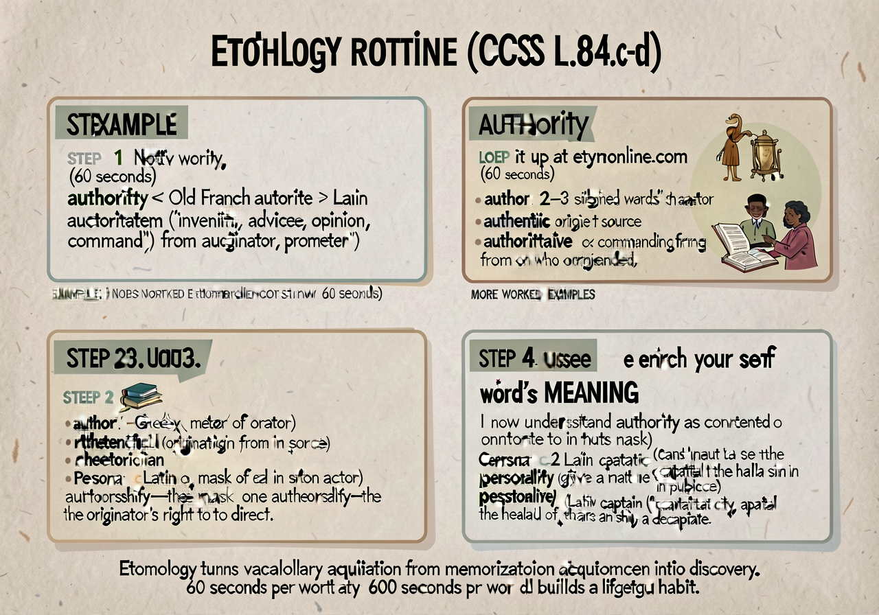 Etymology routine anchor (CCSS L.8.4.c-d): 4-step card with worked examples. STEP 1 — Notice the word. EXAMPLE: 'authori