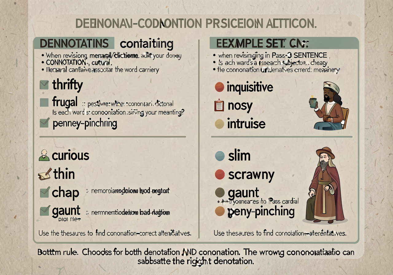 Denotation/connotation precision anchor (CCSS L.8.5.c): 2-column card with definitions, examples, and capstone-applicati