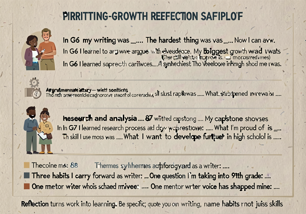 K-8 writing-growth portfolio reflection scaffold anchor: 4-decade prompt card with sentence stems. G5 (multi-paragraph e