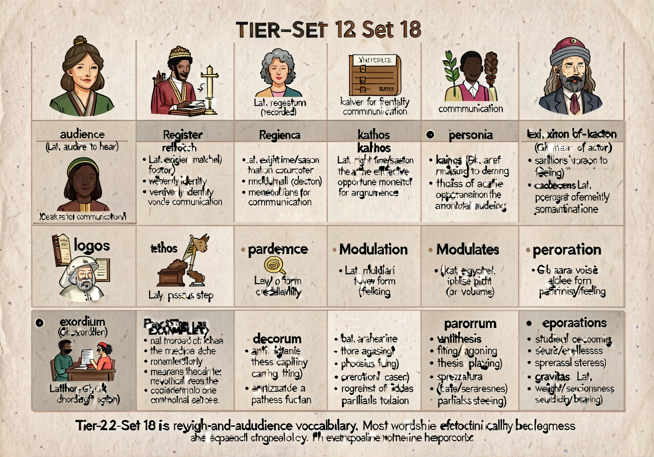 Tier-2 Set 18 capstone/audience-awareness vocabulary anchor: 20-word grid with definitions, etymology notes, and capston