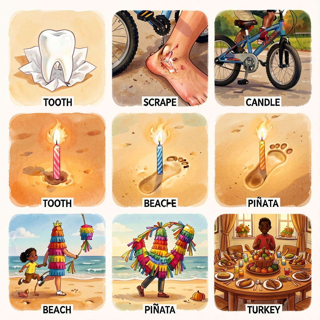 Six-photo collage subset of MG-6: (1) a tooth in a tissue, (2) a bike scrape close-up, (3) a birthday candle mid-blow-ou