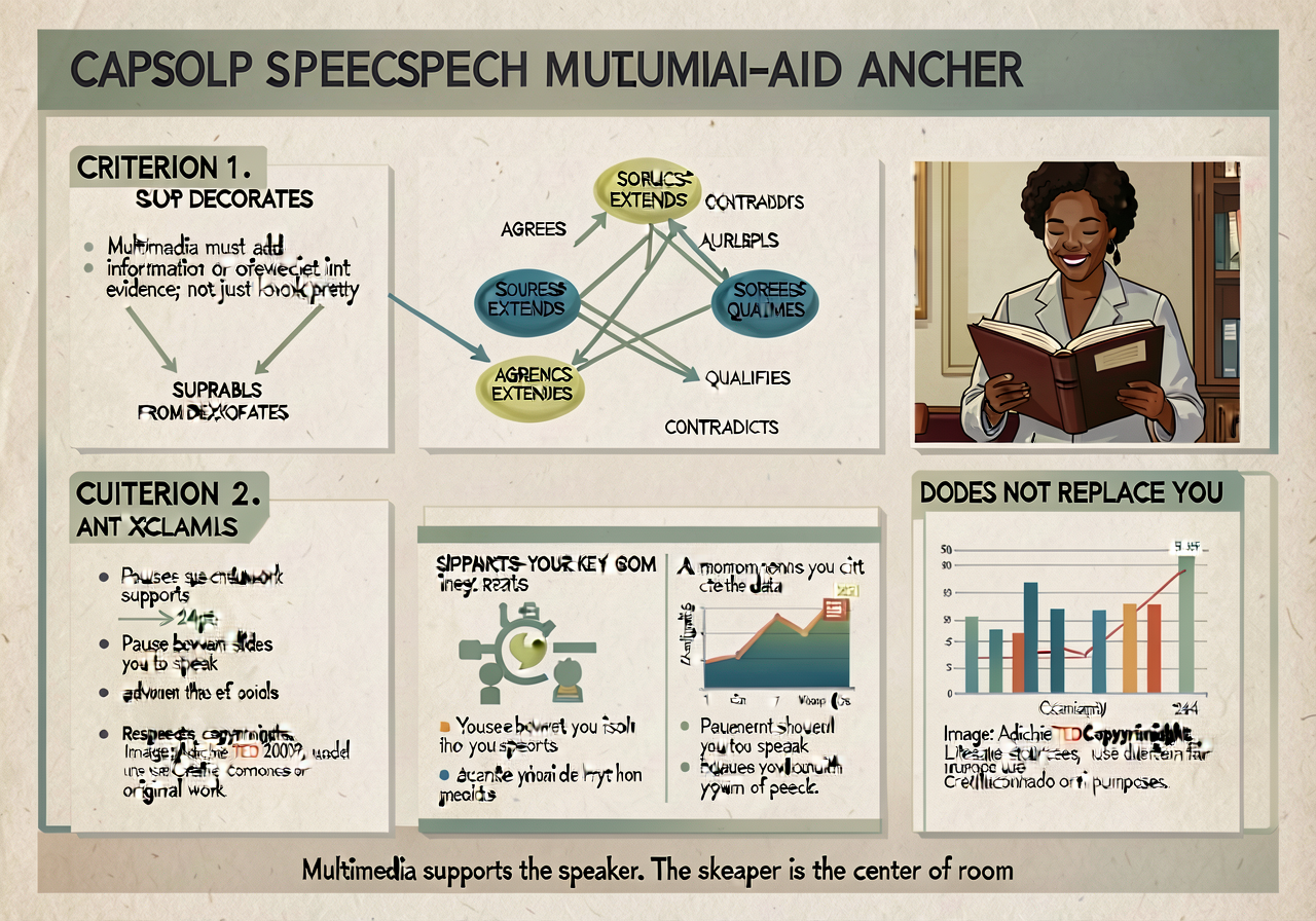 Capstone speech multimedia-aid criteria anchor: 5-criterion card with examples and anti-examples. CRITERION 1 — SUPPORTS