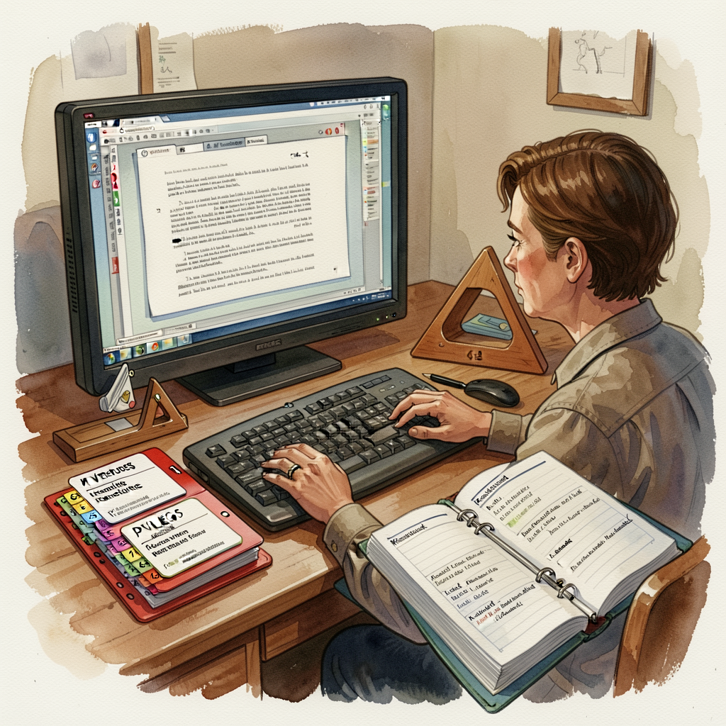 MG-1 unit-opener: Grade-8 capstone writer at desk with K-8 portfolio binder open (G5-G8 tabs visible), capstone draft on