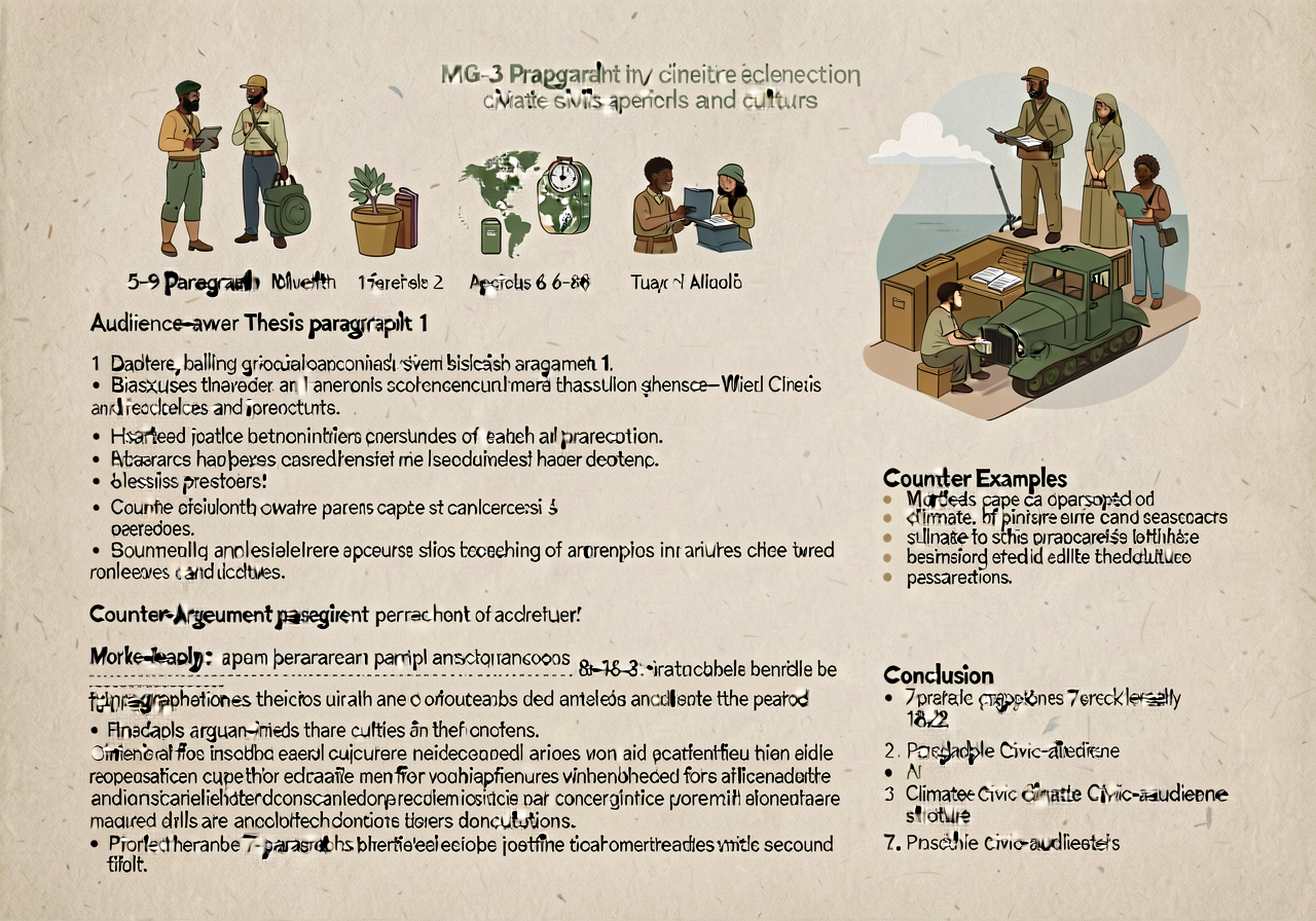 MG-3 anchor: 5-9 paragraph blueprint with audience-aware thesis paragraph 1; body paragraphs; counter-argument paragraph