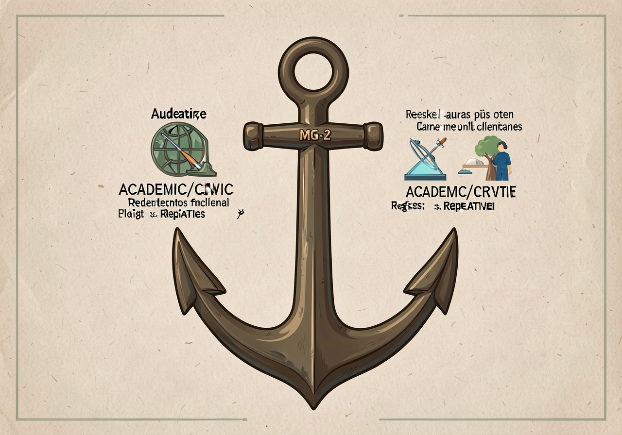 MG-2 anchor with 3 vertices ACADEMIC/CIVIC/CREATIVE and register-features per vertex; worked example with climate topic 
