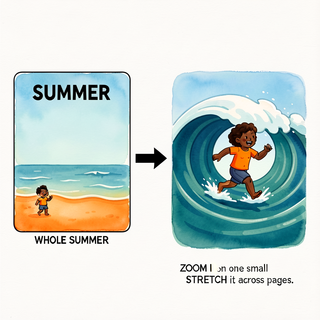 Two-panel zoom diagram: left panel — a big rectangle labeled 'WHOLE SUMMER' with a tiny figure on a beach in one corner;
