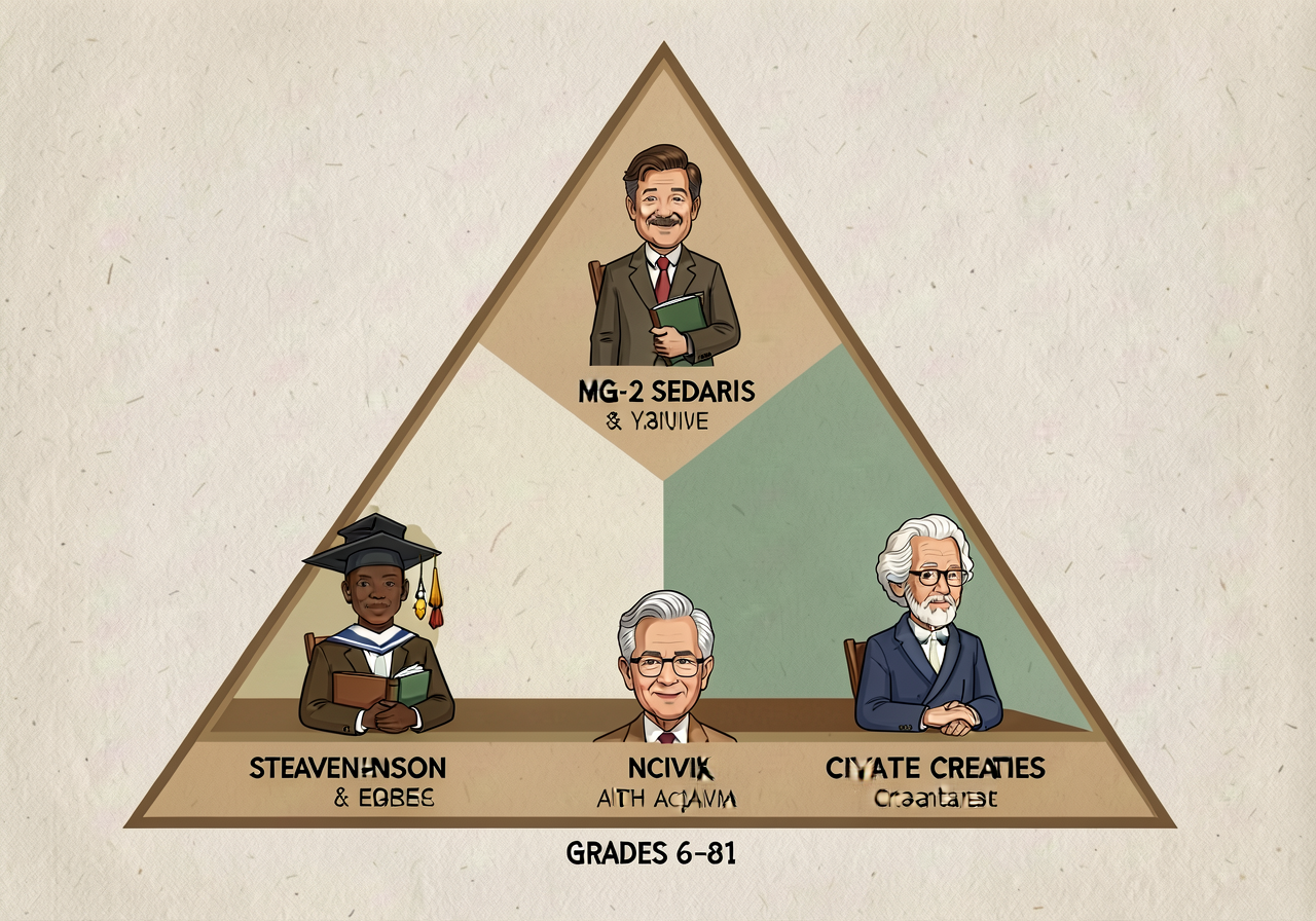 MG-2 triangle with Tan placed at academic-civic-edge; Walker placed at civic-with-academic-and-creative; Sedaris placed 