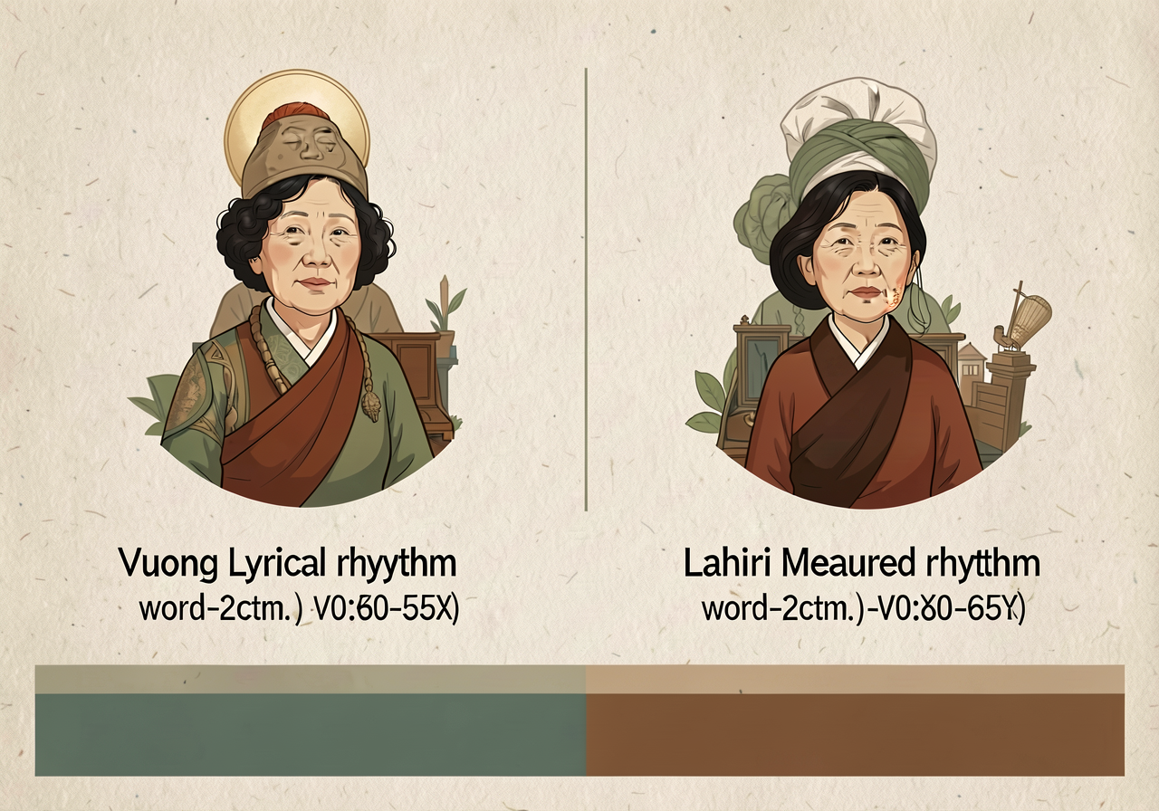 Side-by-side anchor: Vuong lyrical rhythm with word-counts noted; Lahiri measured rhythm with word-counts noted; compari