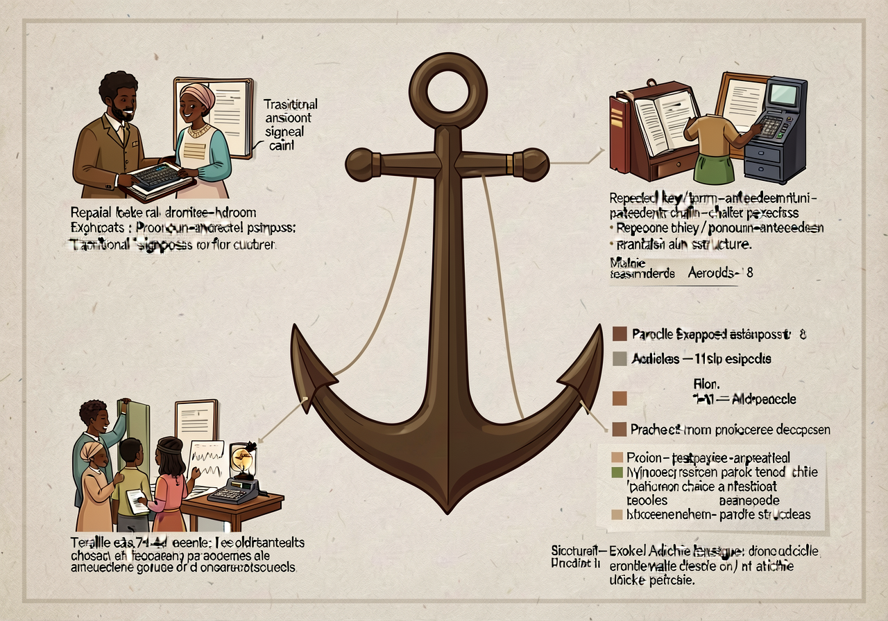 Anchor with 4 devices (repeated key terms / pronoun-antecedent chains / transitional signposts / parallel structure) and