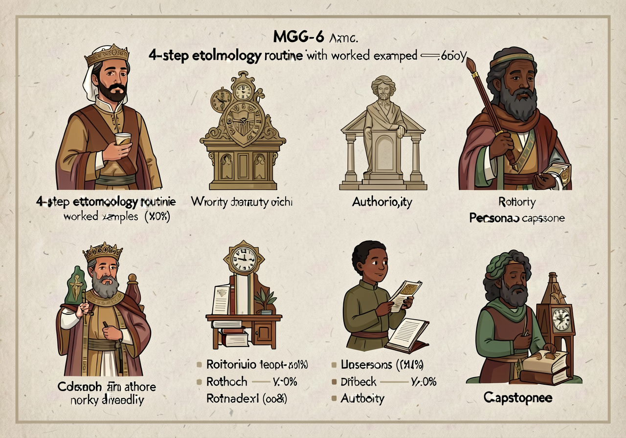 MG-6 anchor: 4-step etymology routine with worked examples (authority, rhetoric, persona, capstone). Print-ready 11x17.