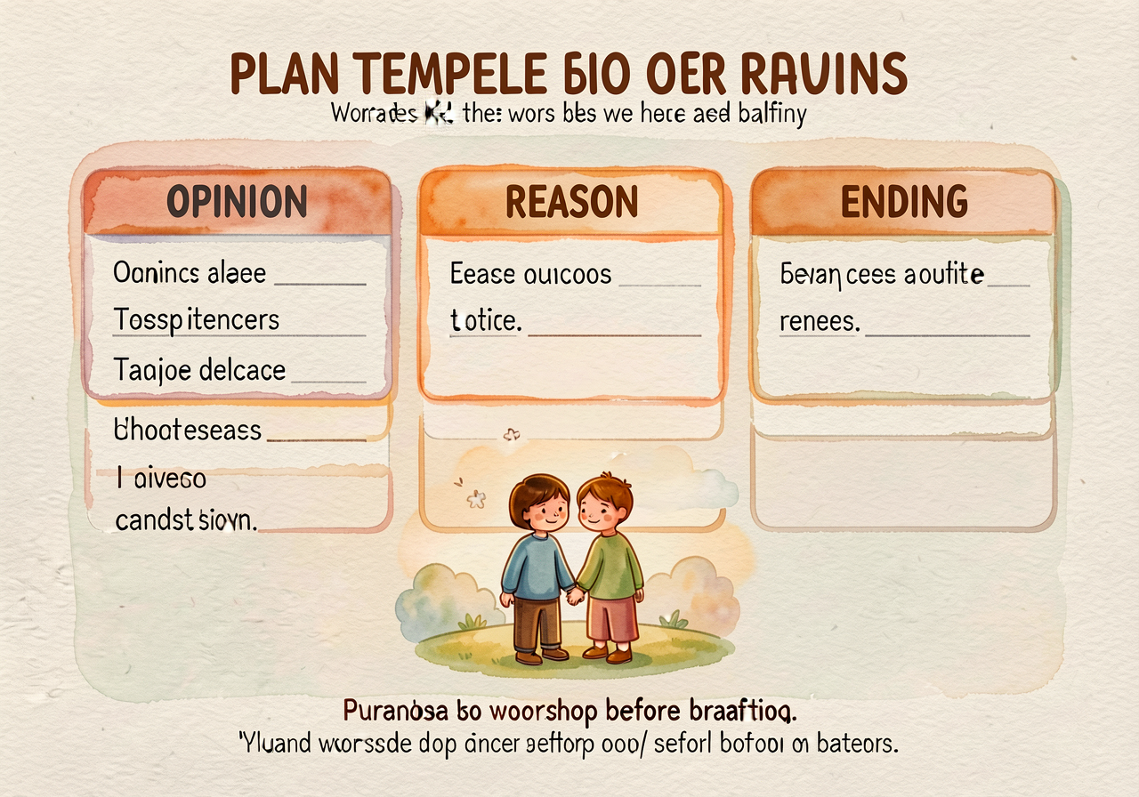 Plan template printed on paper: 3 horizontal boxes labeled OPINION / REASON / ENDING. Each box has 2-3 lines for jotted 