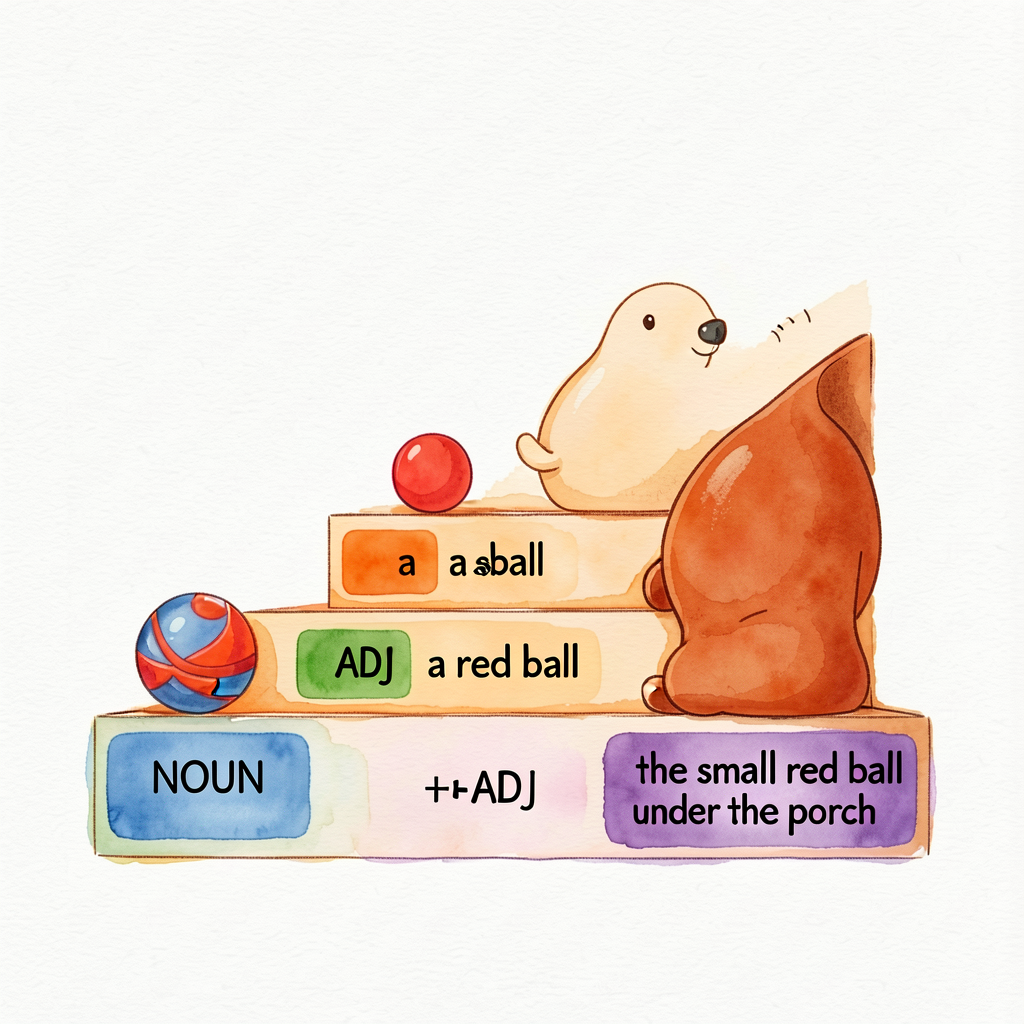 Four-step staircase diagram. Step 1 (smallest): 'a ball'. Step 2: 'a red ball'. Step 3: 'a small red ball'. Step 4 (larg