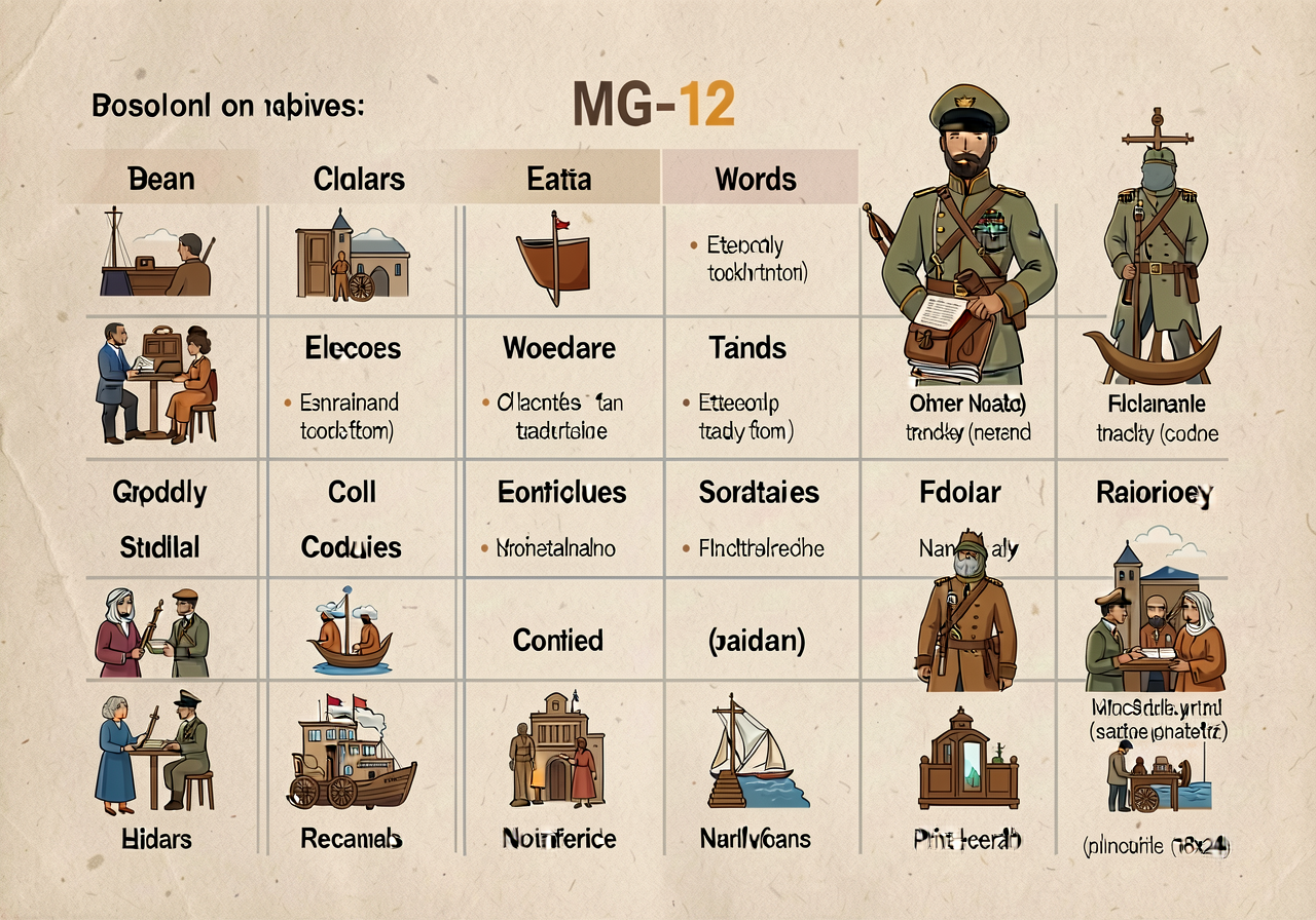 MG-12 anchor: 20-word grid with etymology notes per word. Today's 5 words highlighted. Print-ready 18x24.